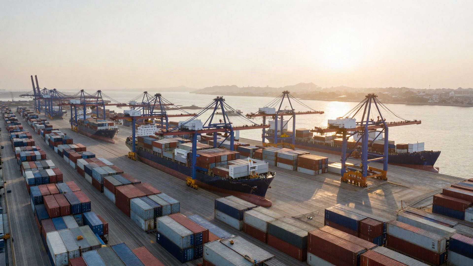 International container terminal at sunrise