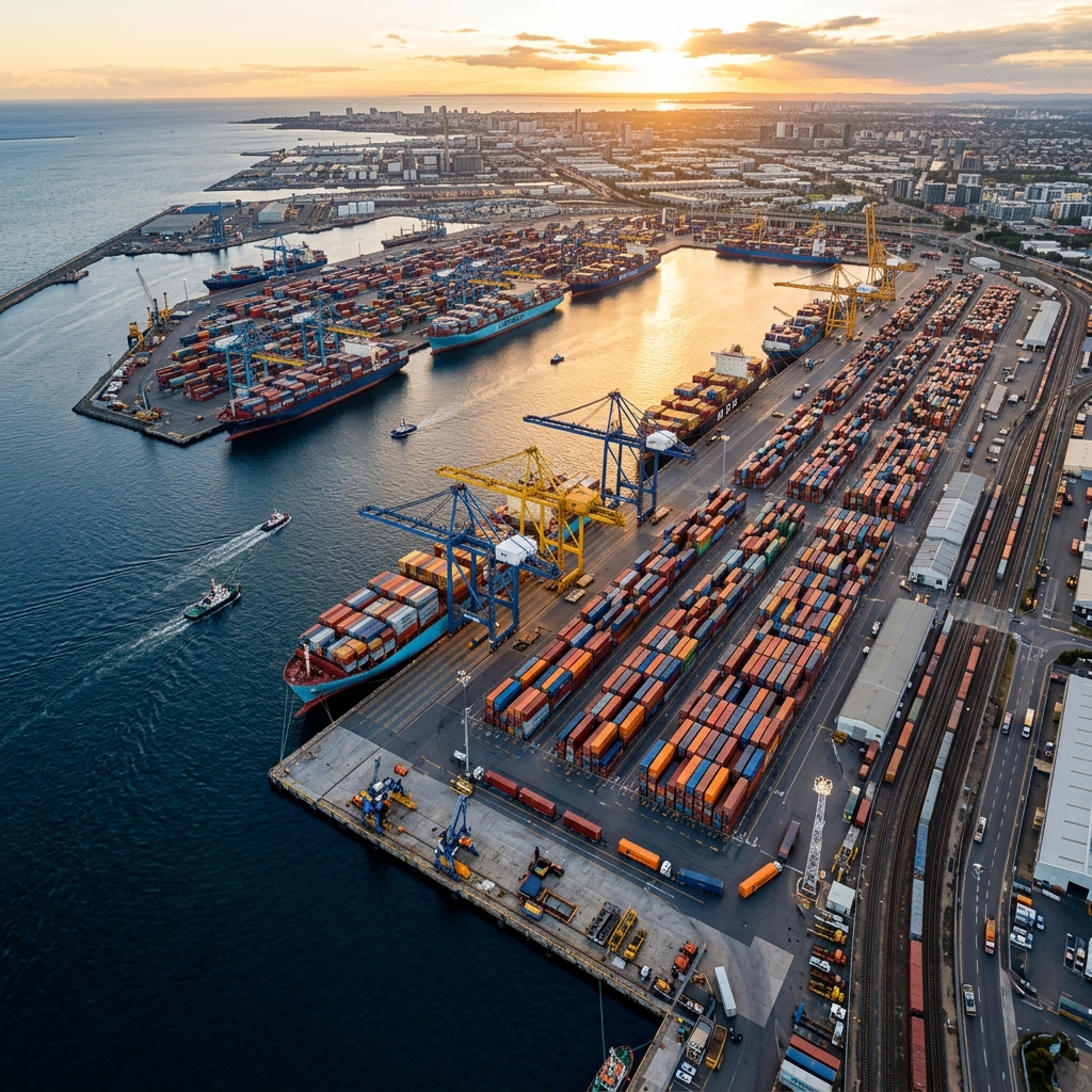 International cargo port with shipping containers